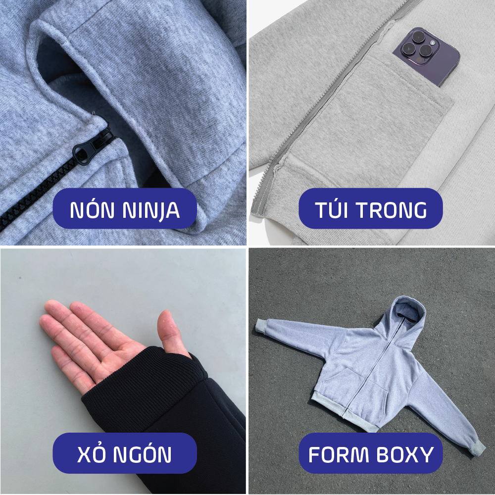 Áo Khoác Hoodie Zip Boxy Balaclava Ninja 2 mũ GOPYA, chất liệu nỉ bông, dày dặn, có túi trong, xỏ ngón, nón ninja | BigBuy360 - bigbuy360.vn