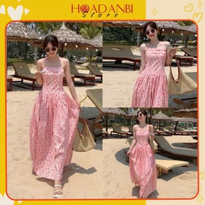 Váy cup ngực hoa nhí Kèm Dây Buộc, Đầm maxi hoa Hàng 2 Lớp Dáng Dài Siêu Xinh Hoadanbistore