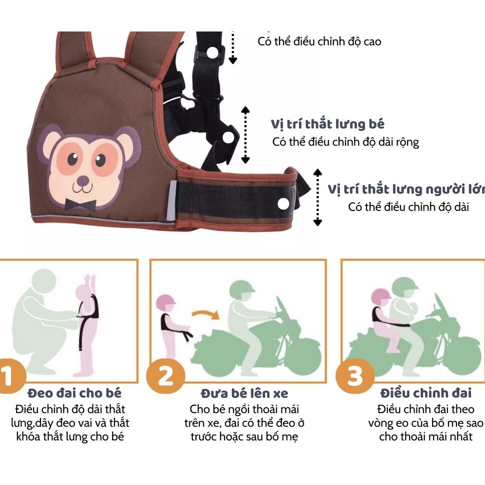 Đai đi xe máy an toàn cho bé có thể ngồi trước hoặc sau từ 1-10 tuổi chất liệu thoáng khí chắc chắn