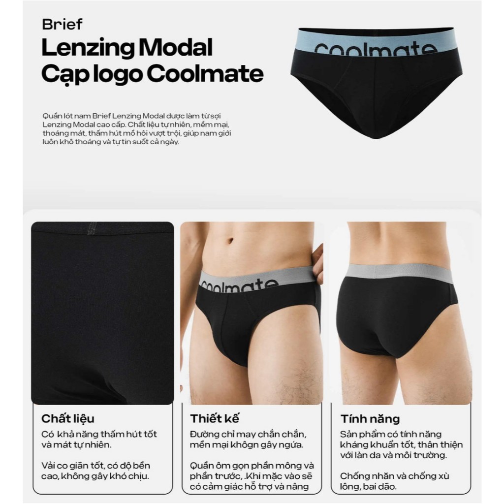 [MUA 3 TẶNG 1]Combo 3 quần lót brief tam giác Lenzing Modal cạp logo hút ẩm co giãn tốt Coolmate