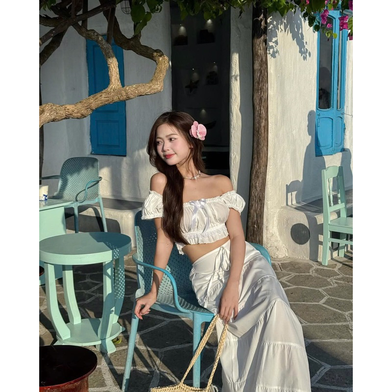 [SẴN MÚT] Set Váy Maxi 2 Món Đi Biển Trễ Vai Cúp Ngực Cột Nơ, Chân Váy Dài Cạp Chun Tầng Tơ Xốp Trắng Viền Ren Siêu Xinh