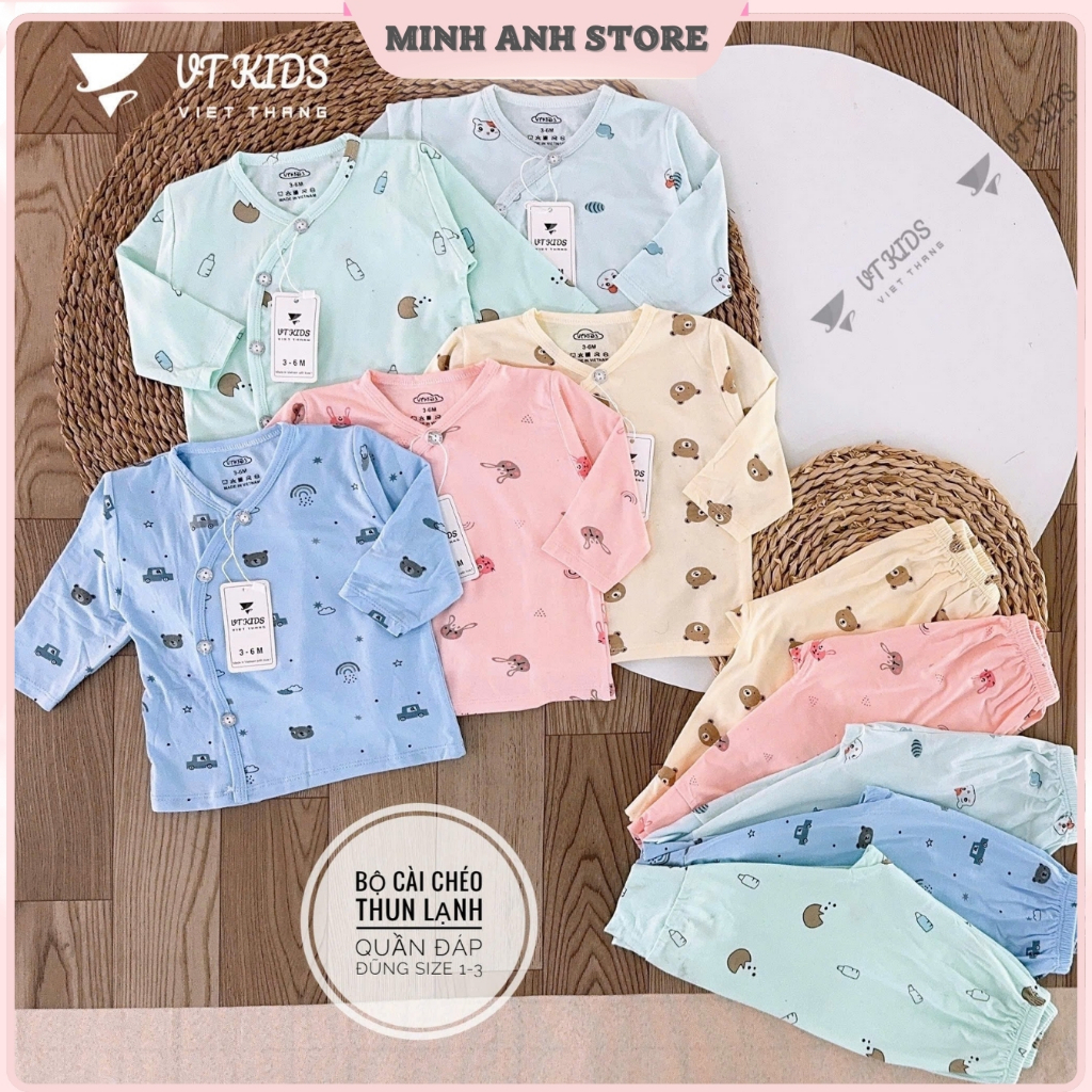 [Set 3-5] Bộ dài tay cho bé chất thun lạnh màu mềm mịn thoáng khuy chéo quần đáp đũng 3-9kg VT DLM01