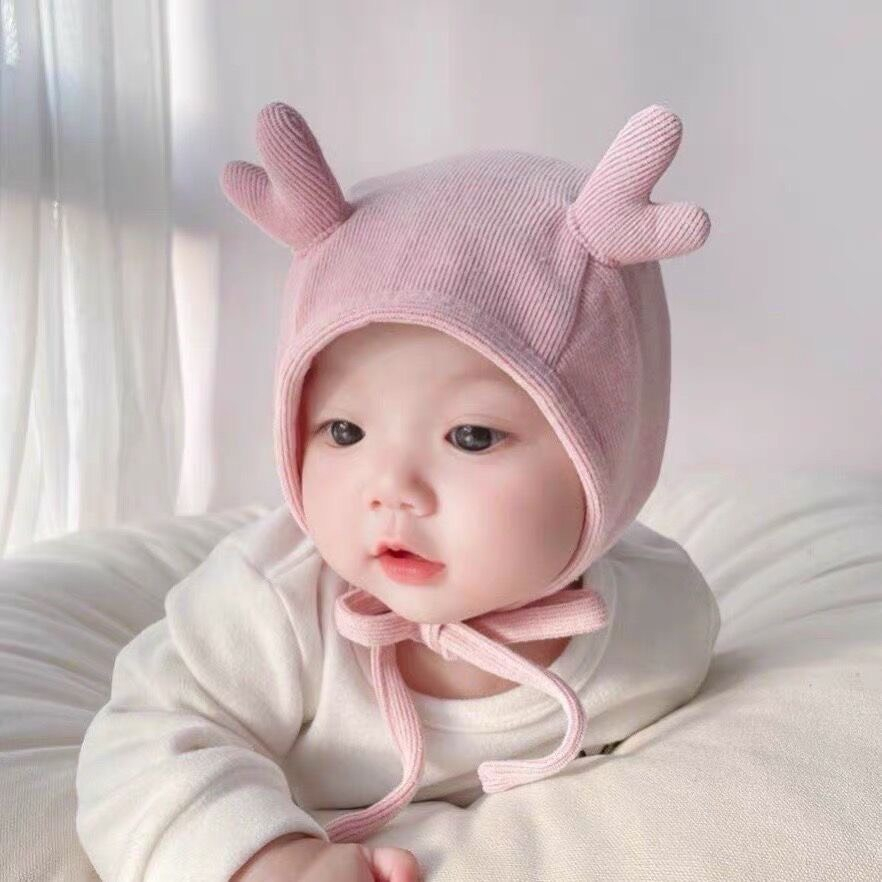 Mũ Beanie Màu Trơn Đính Sừng Nai Đáng Yêu Hợp Mùa Đông saubabi