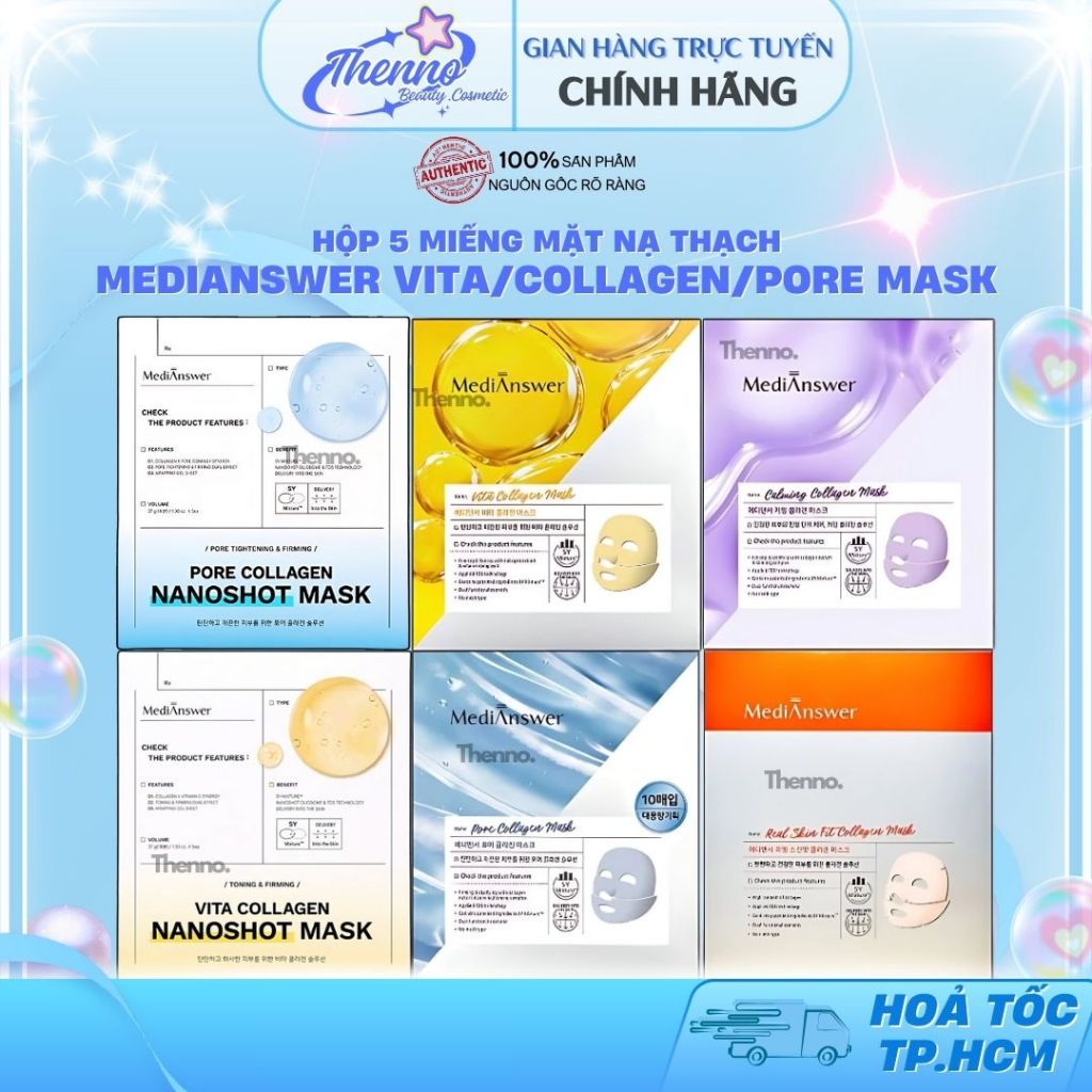 Hộp 5 Miếng Mặt Nạ Thạch Collagen Chống Lão Hoá,Dưỡng Trắng Da Medianswer Vita Collagen/Pore/Calming/Real Skin Fit 37gx5