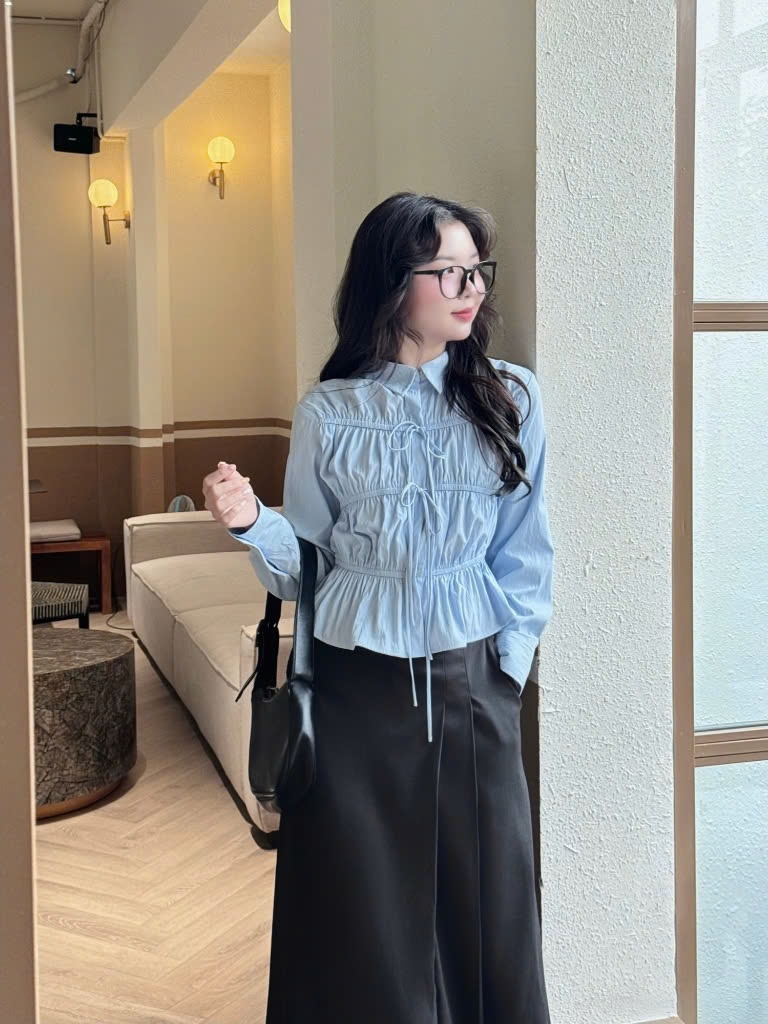 Ảnh Áo Sơ Mi Dập Thân GAGO Brand Dài Tay Nữ Kiểu Chất Gió Nhăn Cách Điệu Nút Dây Thắt GA5053 3
