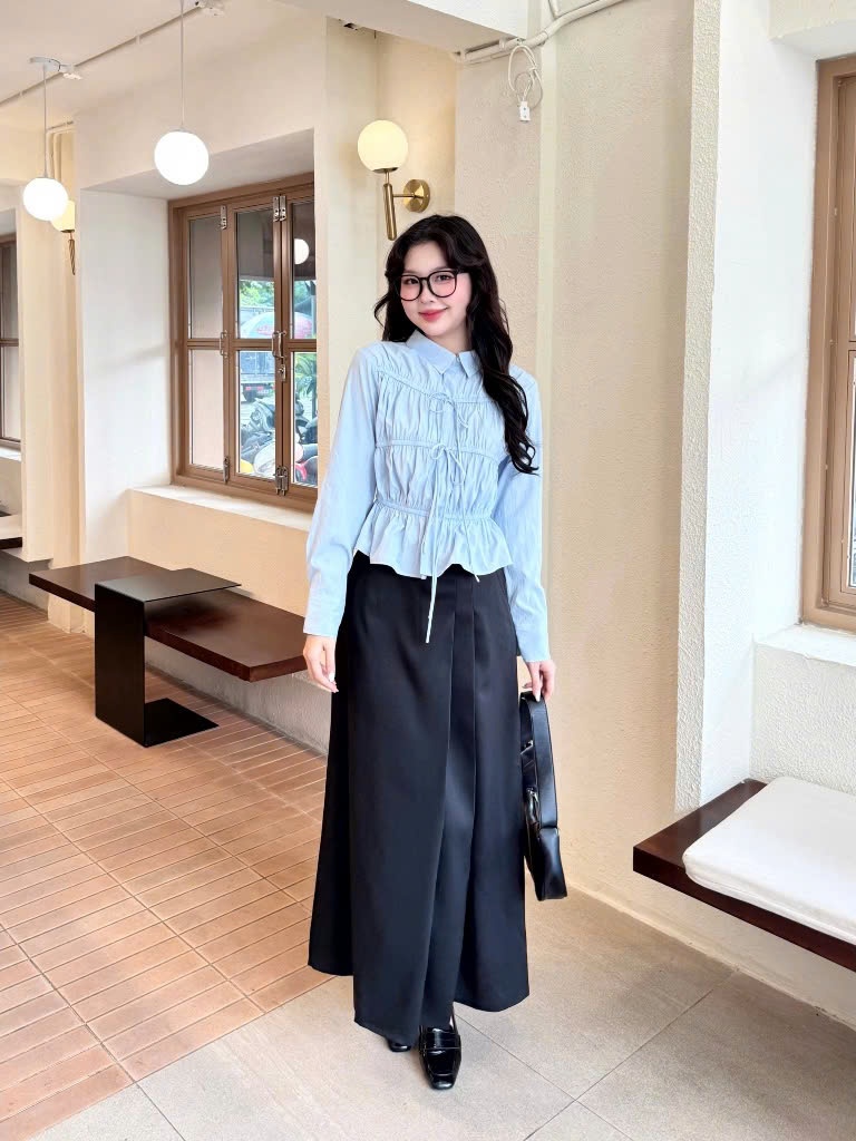 Ảnh Áo Sơ Mi Dập Thân GAGO Brand Dài Tay Nữ Kiểu Chất Gió Nhăn Cách Điệu Nút Dây Thắt GA5053 1