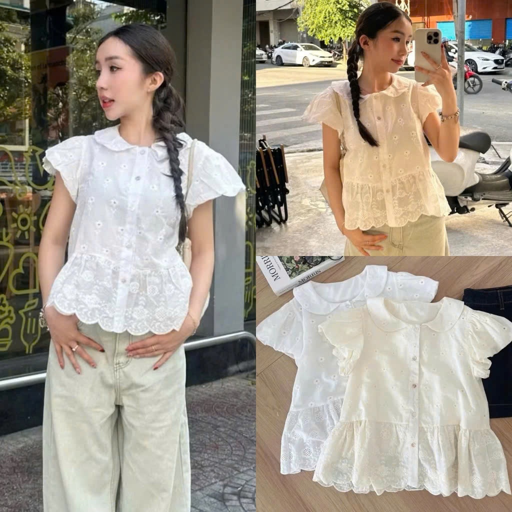 Áo Babydoll Chất Thô Boi Ren Thêu Hoa Dáng Ngắn sơ mi tay ngắn phồng viền  phong cách dễ thương 168Fashion | Shopee Việt Nam