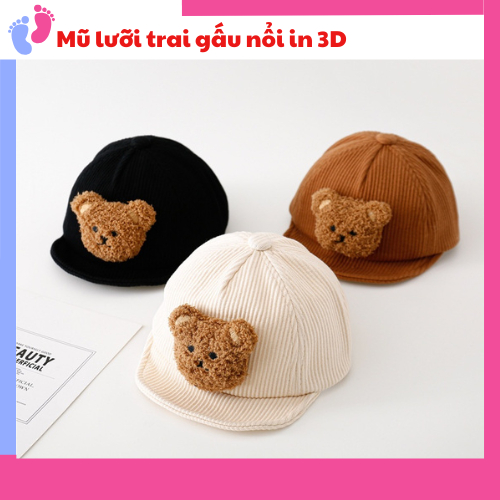 Mũ lưỡi trai cho bé; Nón lưỡi trai tai gấu dễ thương phong cách Hàn Quốc in hình gấu 3D cho bé từ 1 đến 5 tuổi saubabi