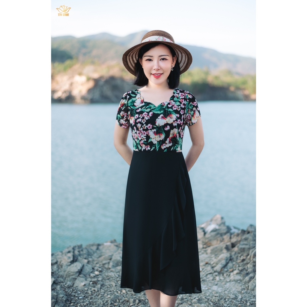 Ảnh Đầm form A - Cổ sóng nước tay búp - Đen hoa - TTV Store thời trang nữ TTV1869 1