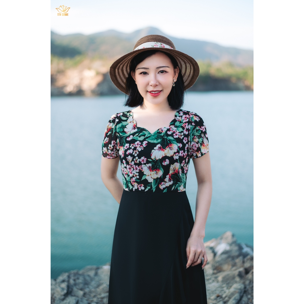 Ảnh Đầm form A - Cổ sóng nước tay búp - Đen hoa - TTV Store thời trang nữ TTV1869 2