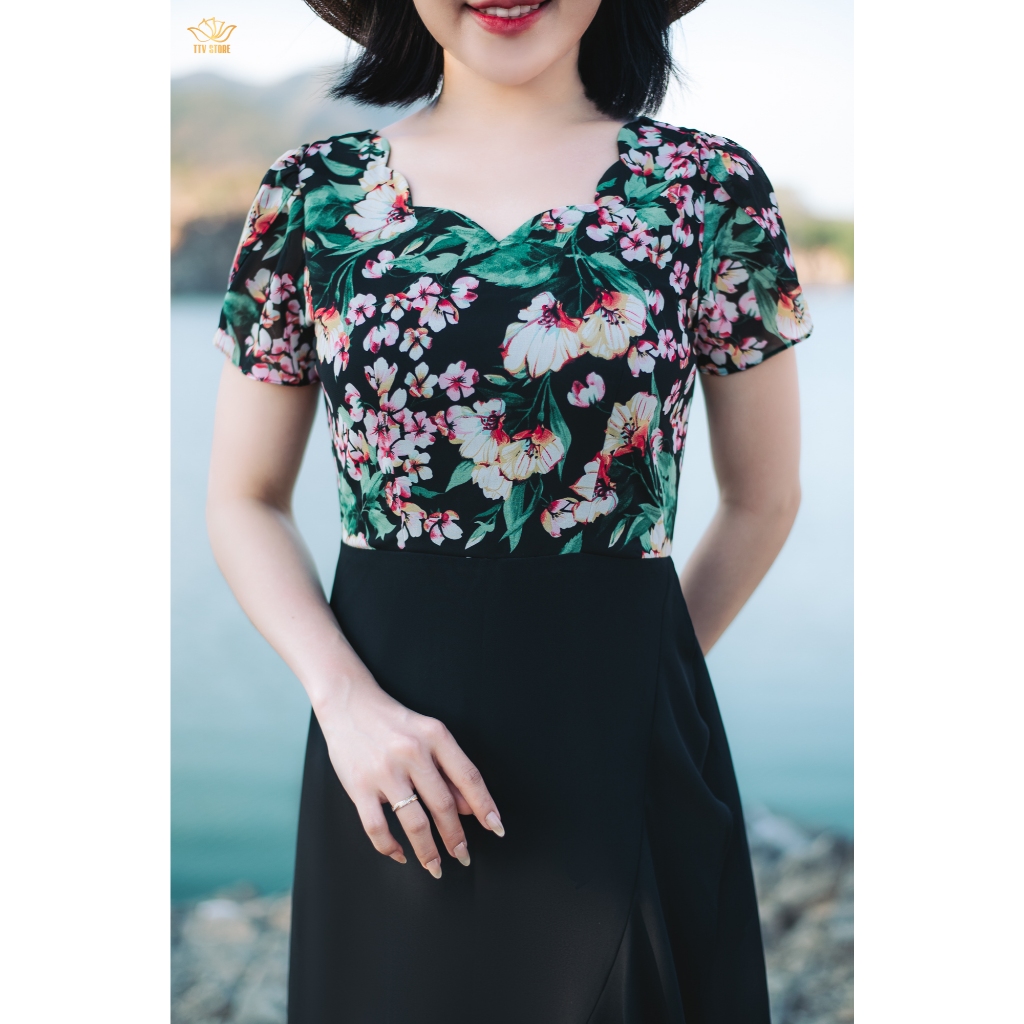 Ảnh Đầm form A - Cổ sóng nước tay búp - Đen hoa - TTV Store thời trang nữ TTV1869 3