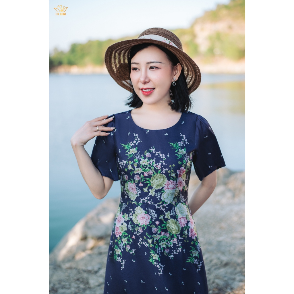 Ảnh Đầm xòe trung niên cho mẹ - Cổ tròn tay ngắn - Tím than hoa -TTV Store thời trang nữ  TTV1871 1
