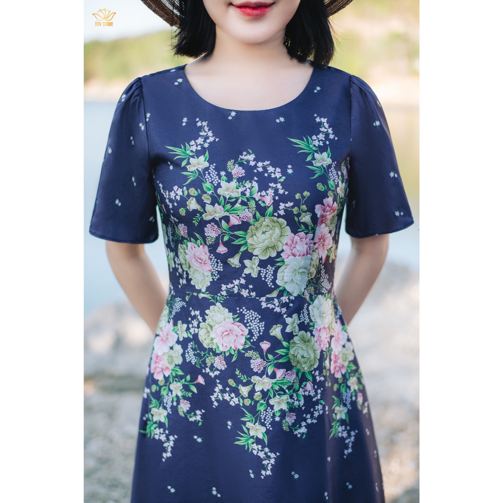 Ảnh Đầm xòe trung niên cho mẹ - Cổ tròn tay ngắn - Tím than hoa -TTV Store thời trang nữ  TTV1871 2