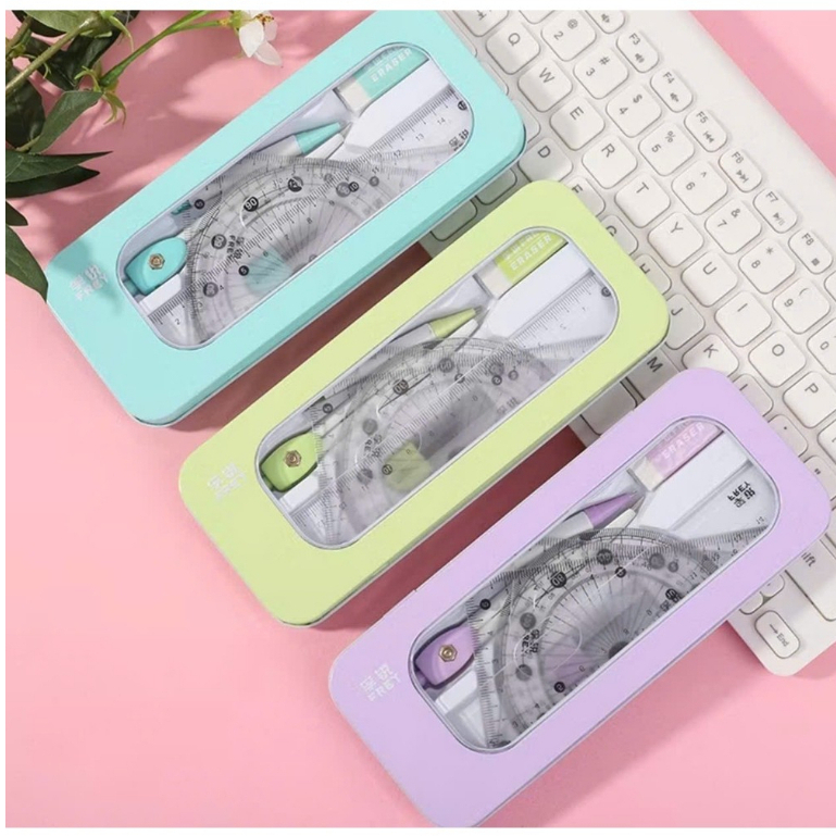 Bộ dụng cụ học tập 7 món compa, eke, thước kẻ, tẩy, chì. Bộ đồ dùng toán học