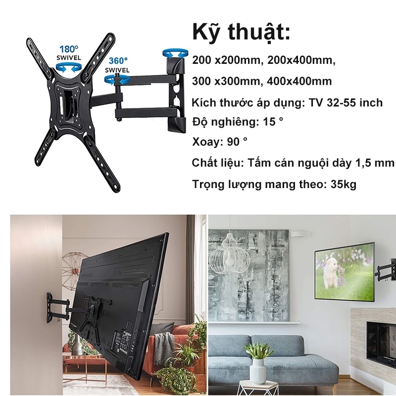 BESTPOOL Giá treo tivi xoay đa năng14-55 inch Giá treo tường TV khớp nối chuyển động đầy đủ, có xoay và nghiêng - ảnh 4