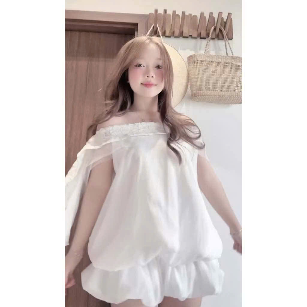 Set Váy Đi Biển Trễ Vai Nữ + Quần Rời Phối Ren Dáng Baby Doll - Dịu Dàng, Nữ Tính, Dáng Rộng Che Khuyết Điểm