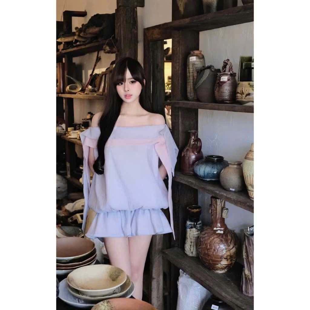 Set Váy Đi Biển Trễ Vai Nữ + Quần Rời Phối Ren Dáng Baby Doll - Dịu Dàng, Nữ Tính, Dáng Rộng Che Khuyết Điểm