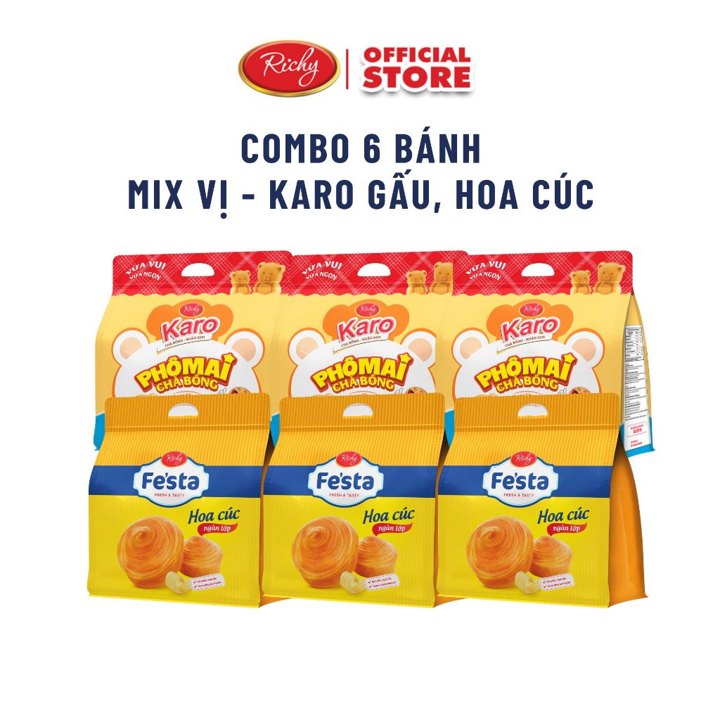 [Tặng quà đơn từ 129k]Combo 6 bánh mix vị, Bánh mì hoa cúc ngàn lớp Fes'ta, Bánh Karo gấu phô mai, HSD 35-45 ngày