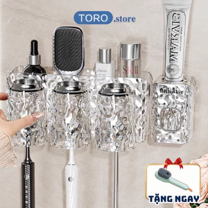 Bộ Nhả Kem Đánh Răng Trong Suốt TORO Kệ Treo Bàn Chải Kèm Cốc Chất Liệu Nhựa Cao Cấp Dán Tường Nhà Tắm