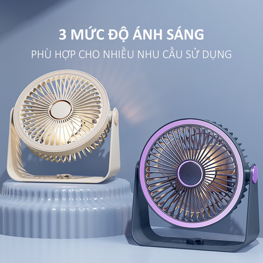 Quạt để bàn tích điện 5 cấp độ gió , quạt để văn phòng, treo nhà vệ sinh, có led, pin trâu 4h