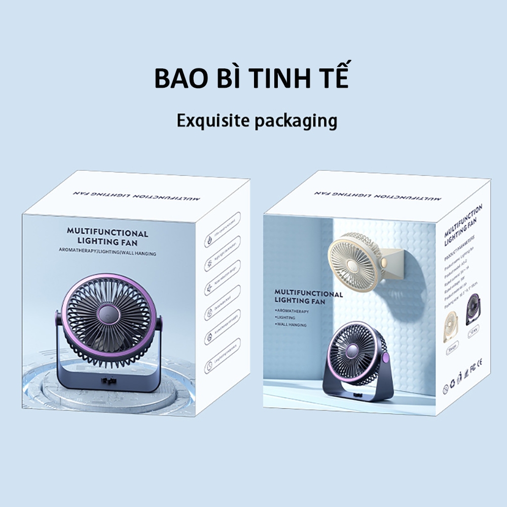 Quạt để bàn tích điện 5 cấp độ gió , quạt để văn phòng, treo nhà vệ sinh, có led, pin trâu 4h