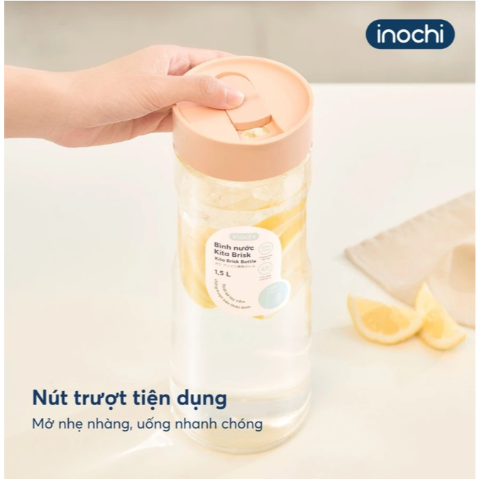 Bình KITA BRISK 1,5L nắp trượt Inochi, tiện dụng, chống rò rỉ, màu sắc pastel siêu xinh