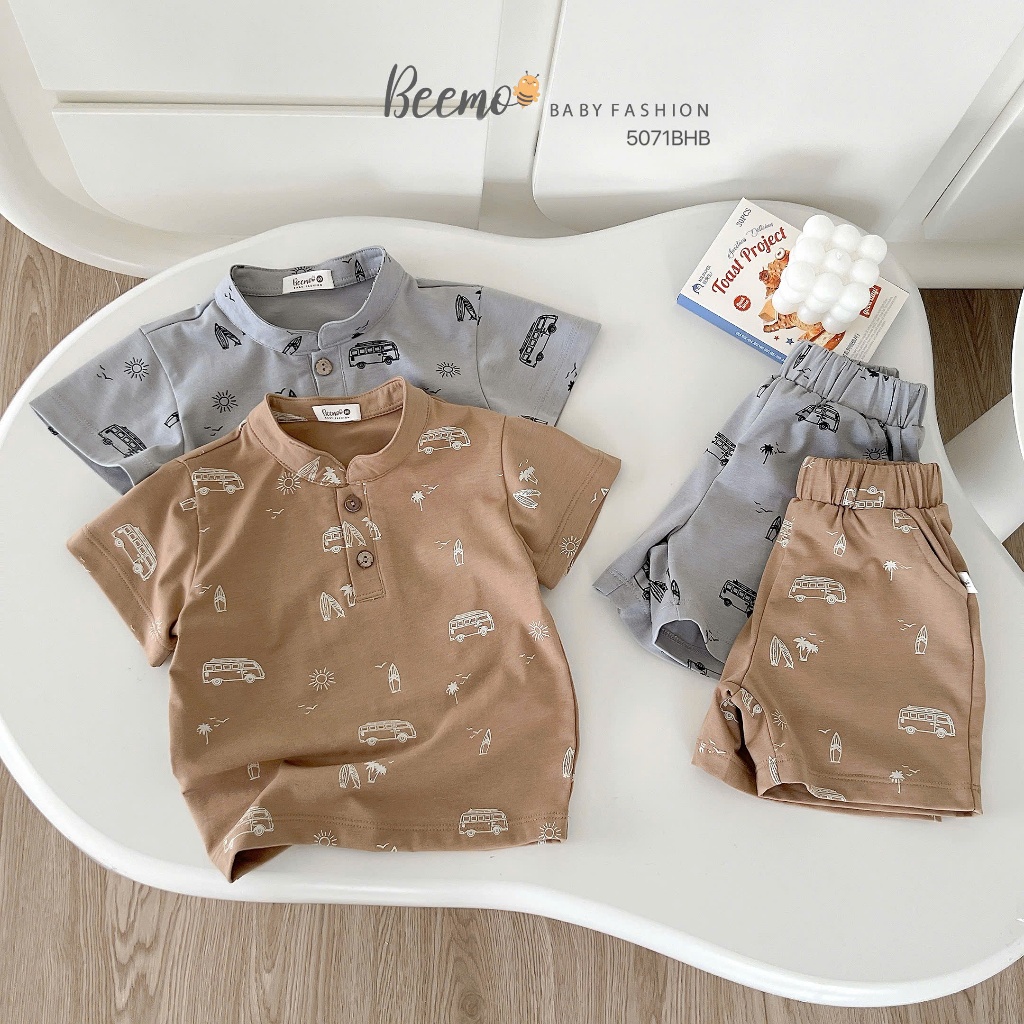 Bộ cotton in tràn hoạ tiết ô tô cổ tàu bé trai, bộ thun cộc tay cotton in ô tô Beemo 5071BHB