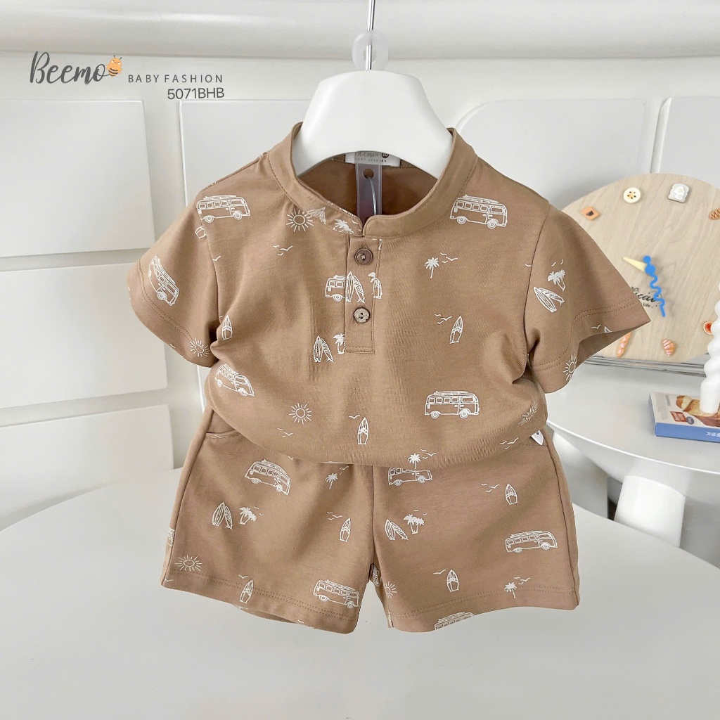 Bộ cotton in tràn hoạ tiết ô tô cổ tàu bé trai, bộ thun cộc tay cotton in ô tô Beemo 5071BHB