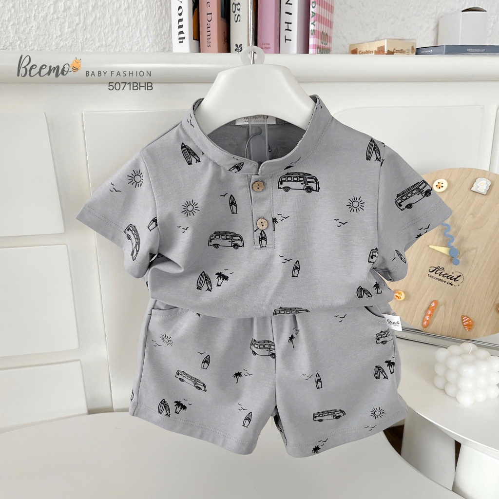 Bộ cotton in tràn hoạ tiết ô tô cổ tàu bé trai, bộ thun cộc tay cotton in ô tô Beemo 5071BHB