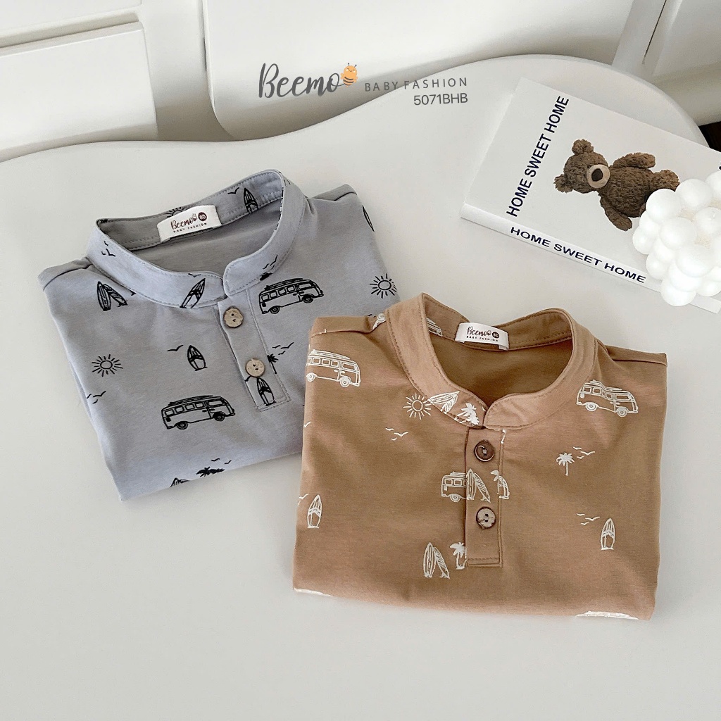 Bộ cotton in tràn hoạ tiết ô tô cổ tàu bé trai, bộ thun cộc tay cotton in ô tô Beemo 5071BHB
