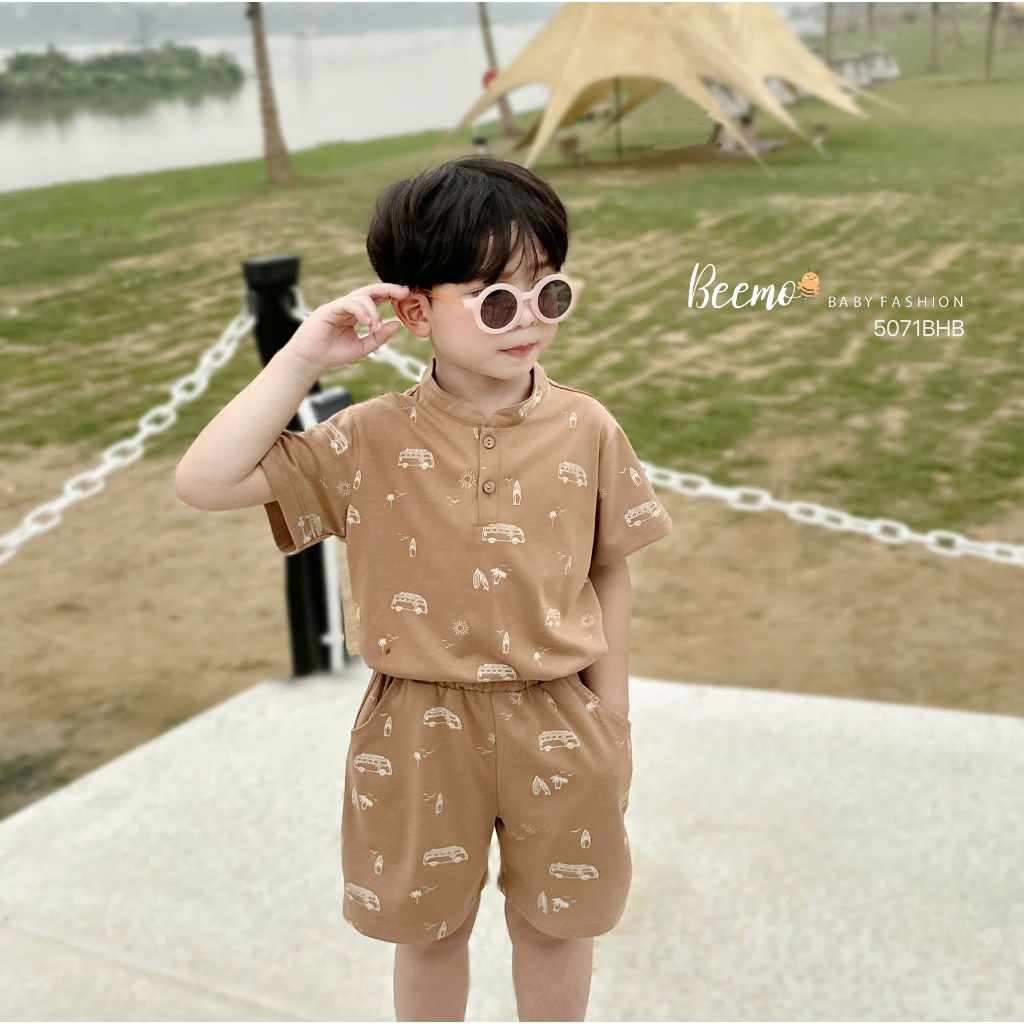Bộ cotton in tràn hoạ tiết ô tô cổ tàu bé trai, bộ thun cộc tay cotton in ô tô Beemo 5071BHB