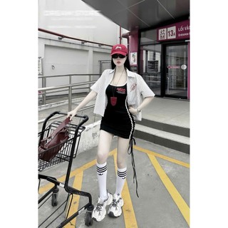 Đầm body tôn dáng chất thun gân 2 dây gợi cảm quyế rũ in chữ kèm khoác ngoài chất lụa mịn mát có thêu chữ