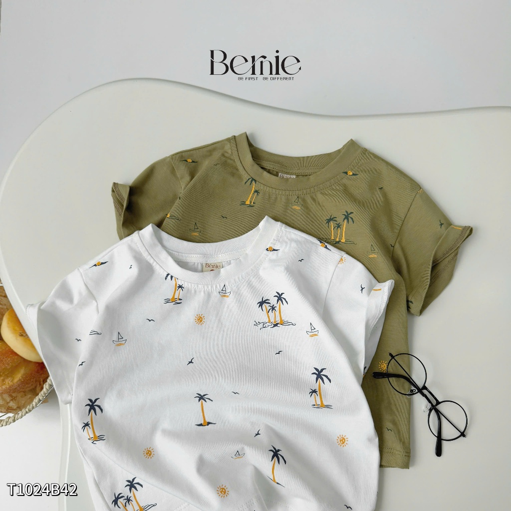Bộ cotton bé trai in tràn cây dừa, bộ thun cổ tròn phối quần kaki cho bé H1024B23