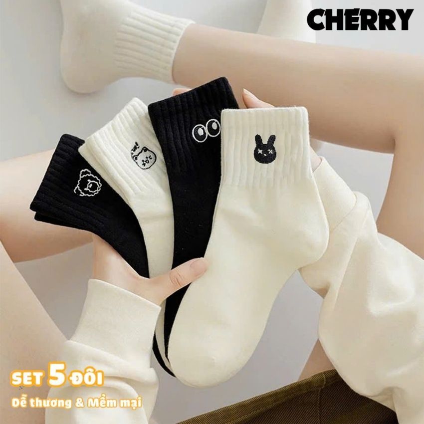 Set 5 đôi tất nữ cổ cao phong cách hiện đại chất liệu cotton co giãn thoáng khí - Cherry shop
