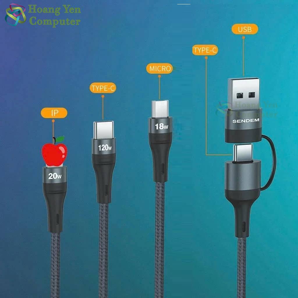 Cáp Sạc 3 Đầu Đa Năng 6 IN 1 Sendem M38 120W, Sạc nhanh QC3.0 PD20W PD120W, Dài 1.2m- BH 6 Tháng - Hoàng Yến Computer