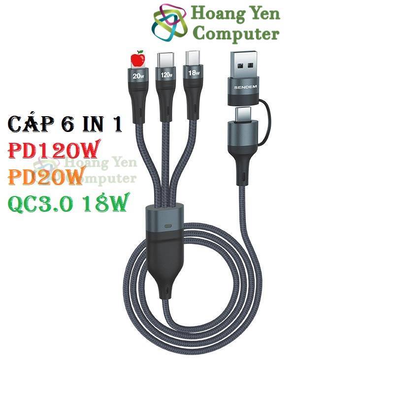 Cáp Sạc 3 Đầu Đa Năng 6 IN 1 Sendem M38 120W, Sạc nhanh QC3.0 PD20W PD120W, Dài 1.2m- BH 6 Tháng - Hoàng Yến Computer