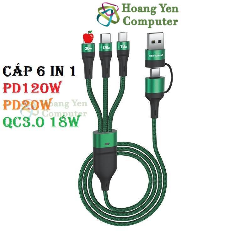 Cáp Sạc 3 Đầu Đa Năng 6 IN 1 Sendem M38 120W, Sạc nhanh QC3.0 PD20W PD120W, Dài 1.2m- BH 6 Tháng - Hoàng Yến Computer