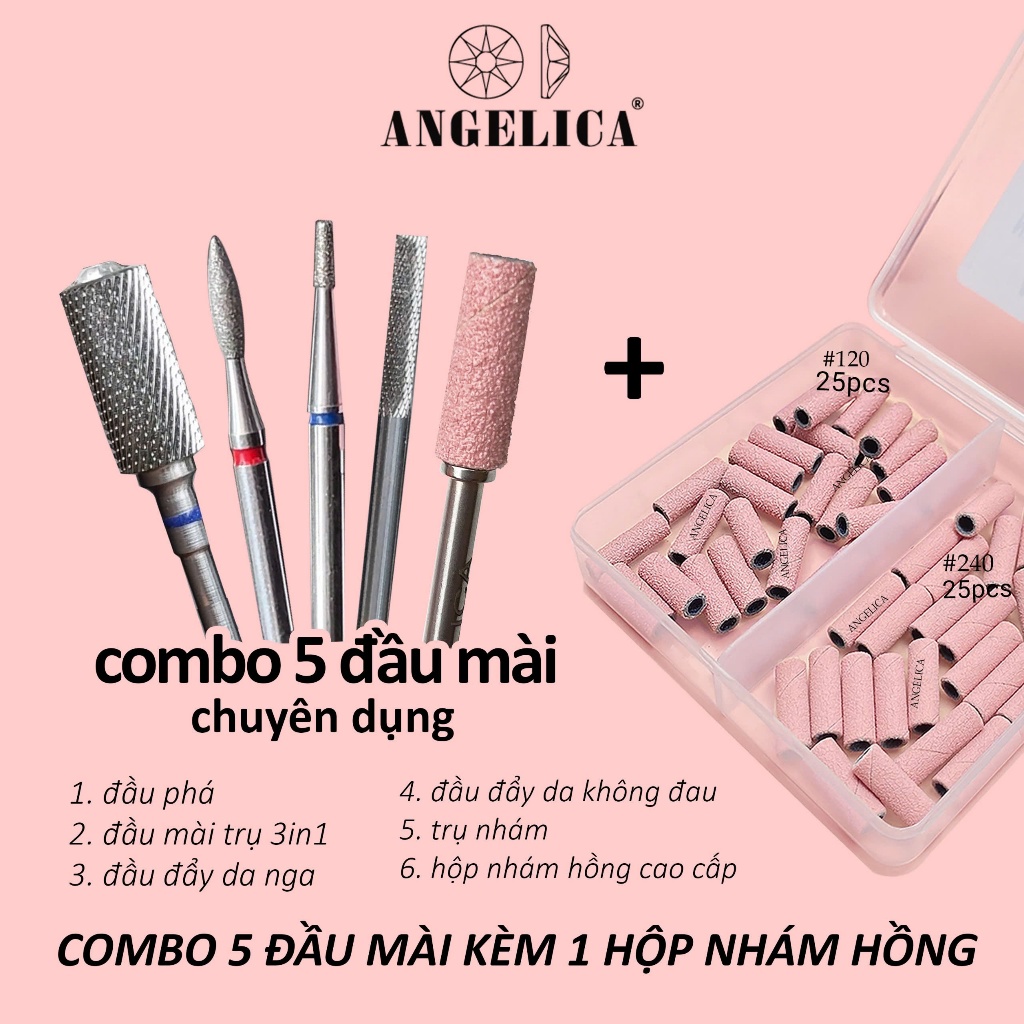 Combo 4 Đầu Mài Chuyên Dụng Kèm 1 Hộp Nhám Hồng ANGELICA