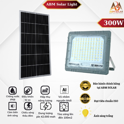 [300W] Đèn Pha Năng Lượng Mặt Trời ABMSOLAR , Tấm Pin Rời, Chống Nước IP68 , Kính Cường Lực , Cảm Biến Ánh Sáng
