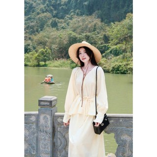 Set váy nàng thơ chất tuyết mưa mịn mát áo cổ chữ V dài tay thắt dây eo mix chân váy dài suông 2 lớp dày dặn kín đáo