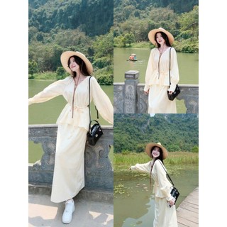 Set váy nàng thơ chất tuyết mưa mịn mát áo cổ chữ V dài tay thắt dây eo mix chân váy dài suông 2 lớp dày dặn kín đáo