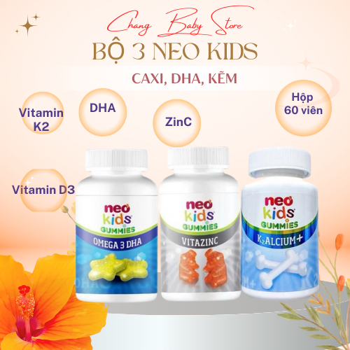 Bộ 3 NEO KIDS GUMMIES, Neo kids Canxi, Neo Kids ZinC bổ sung kẽm cho bé hộp 60 viên