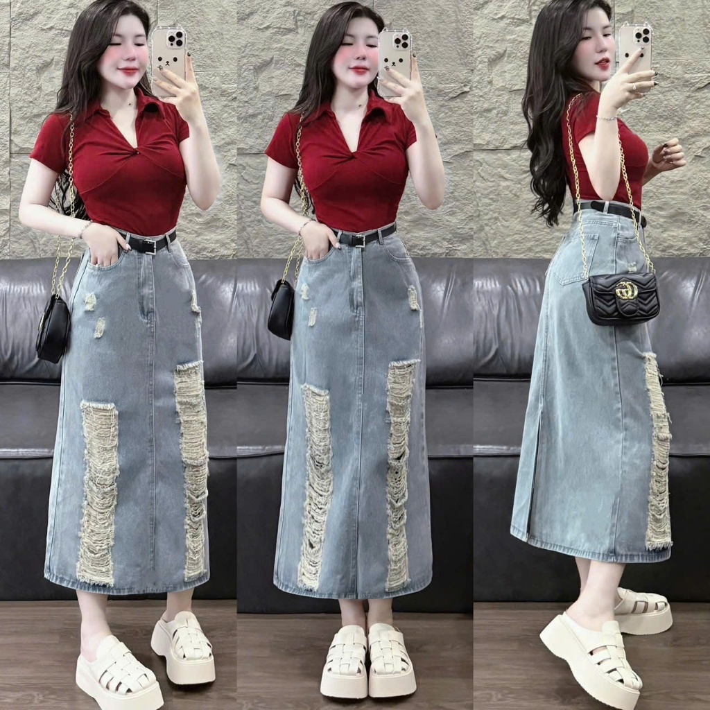 Set váy thời trang nữ áo thun tay ngắn cổ sơ mi mix váy jeans dáng dài ...