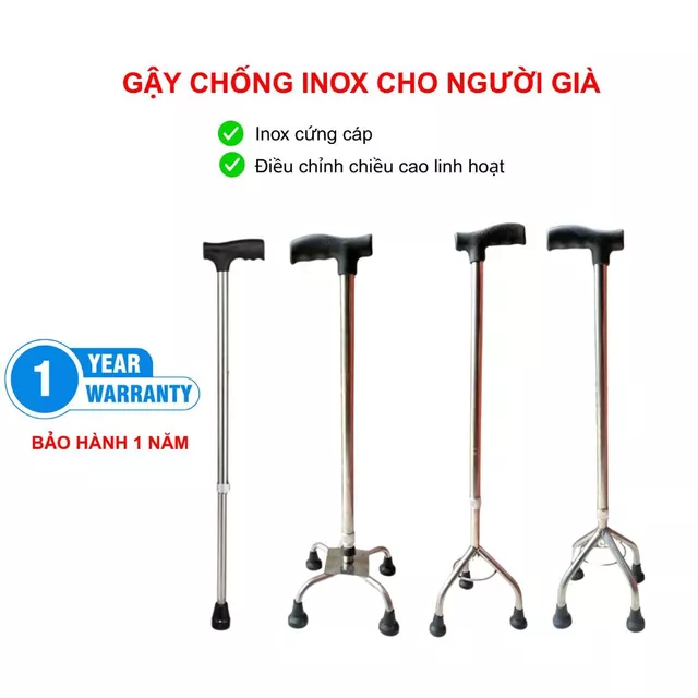 Gậy Chống Cho Người Già Inox, Gậy 3 Chân 4 Chân Inox Cứng Cáp, Gậy Chống Người Già