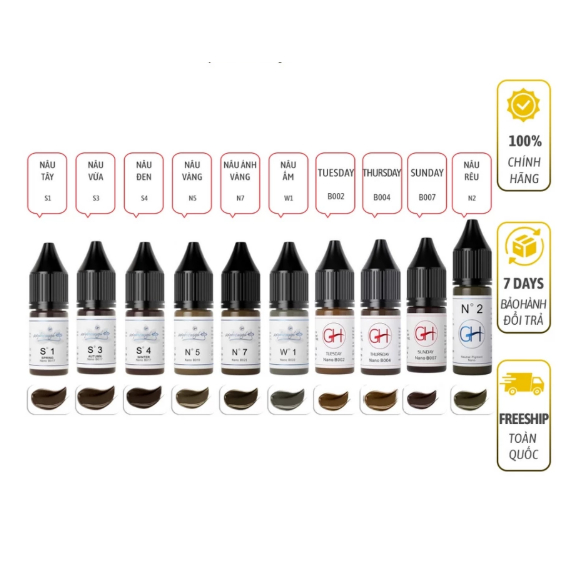 Mực GH Chính Hãng – Chai Mini, Fullsize & 5ml, Chuyên Dùng Đi Sợi Mày, Hairstroke, Phun Xăm Thẩm Mỹ