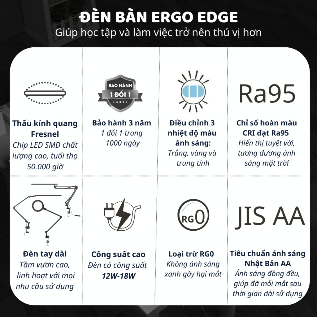 Ảnh Đèn bàn học Led bảo vệ mắt Ergo Edge DandiHome chống cận để học tập, làm việc, có thể kéo dài, gấp gọn - 4 chế độ sáng 3