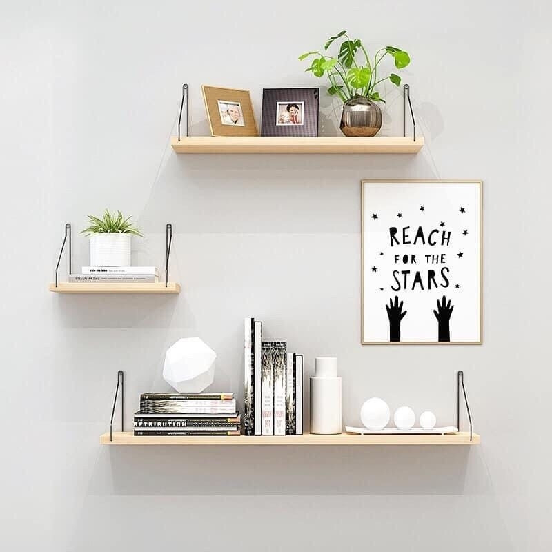 Kệ gỗ treo tường trang trí không cần khoan, tặng kèm móc treo Inox và kèm đinh gắn lên tường dễ dàng