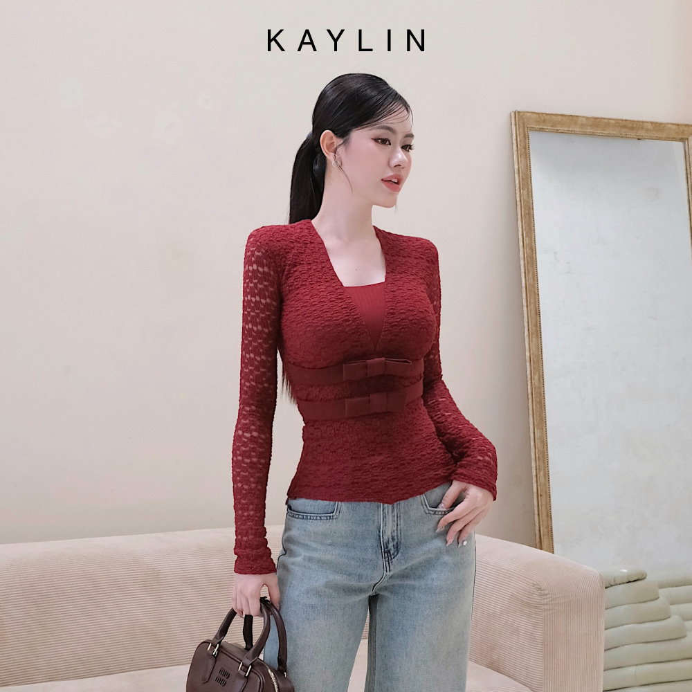 Ảnh Áo kiểu KAYLIN tay dài phối ren họa tiết hoa mai chất vải thun ren co giản phong cách - N2438 1