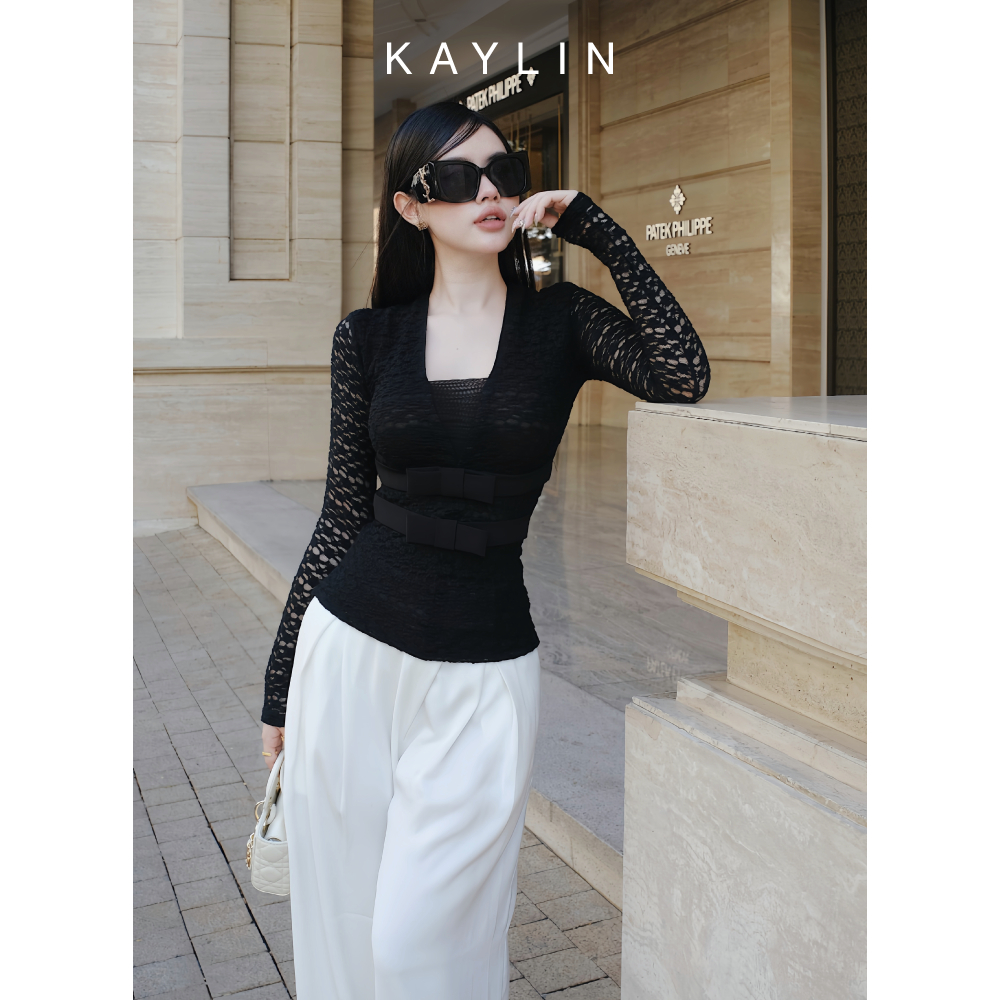 Ảnh Áo kiểu KAYLIN tay dài phối ren họa tiết hoa mai chất vải thun ren co giản phong cách - N2438 2