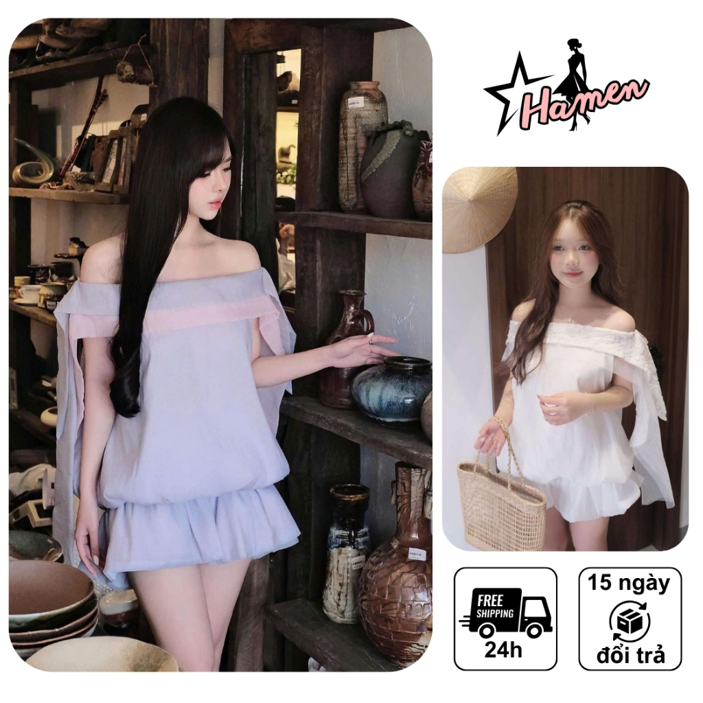 Set Váy Đi Biển Trễ Vai Nữ + Quần Rời Phối Ren Dáng Baby Doll - Dịu Dàng, Nữ Tính, Dáng Rộng Che Khuyết Điểm